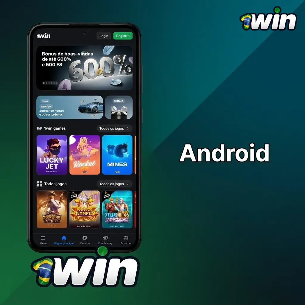 Aplicativo 1win para Android sendo baixado via APK do site oficial em smartphone com Android 5.0 ou superior