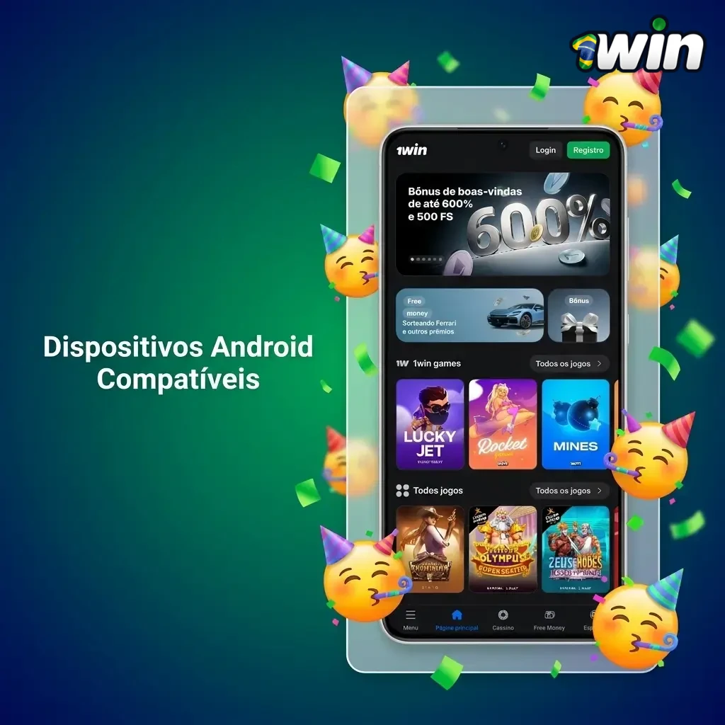 Smartphones Android compatíveis com o app 1win, incluindo Samsung, Xiaomi, Motorola e Nokia