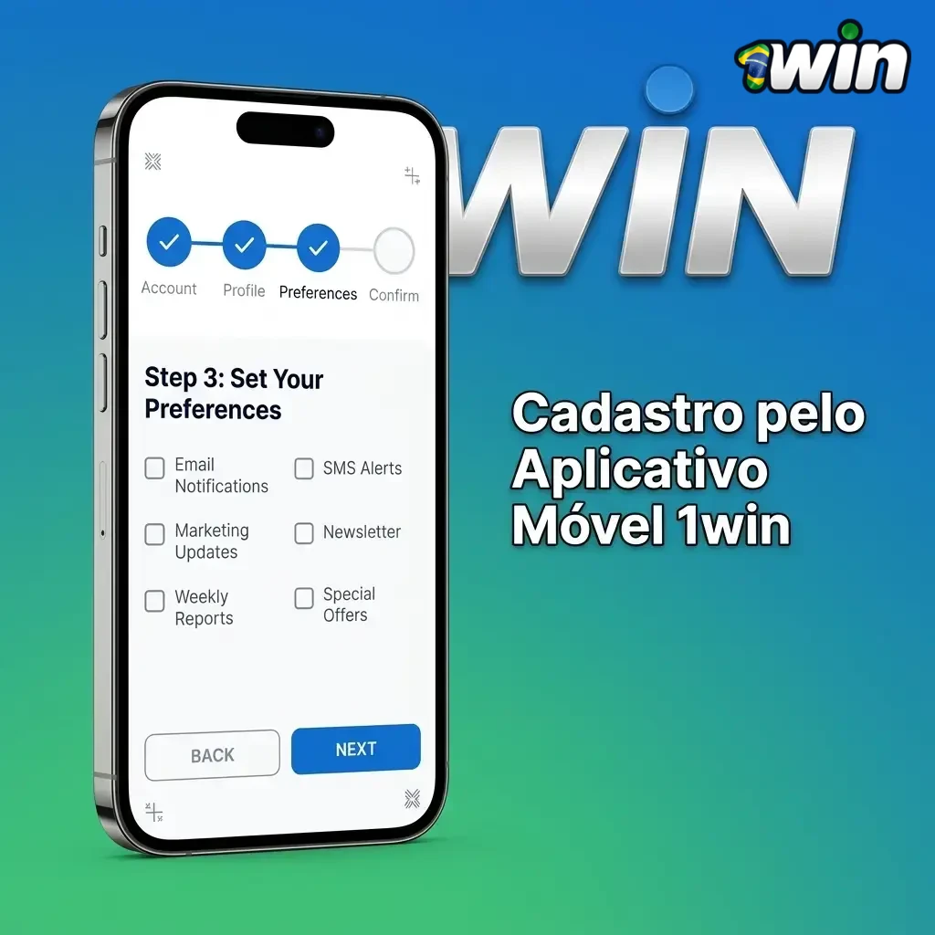 Cadastro no aplicativo móvel 1win com passos para criar conta por e-mail, telefone ou rede social